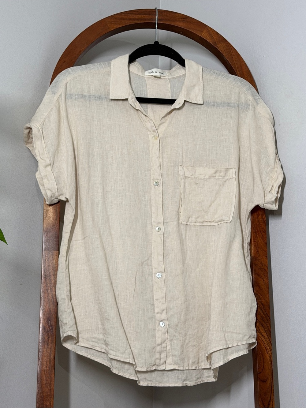 Cloth & Stone SMALL Cream 100% Linen Short Sleeve Button Front Blouse